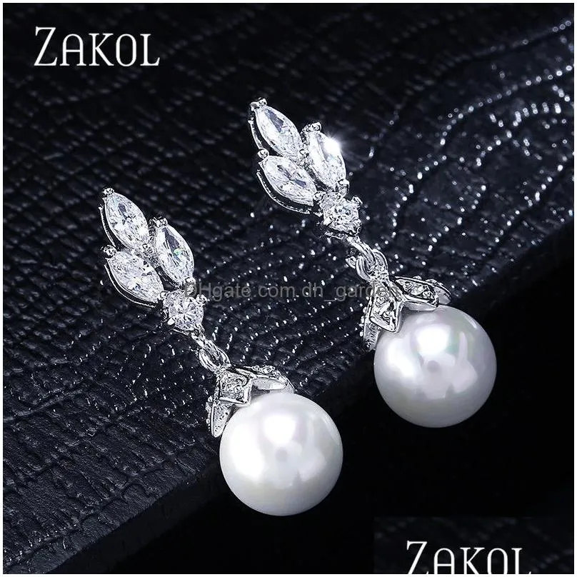 Delicate Cubic Zircon Leaf Dangle Earrings For Women Fashion Round Imitation Pearl Bridal Wedding Jewelry Gift Drop Delivery Dhgarden Ot8Eh