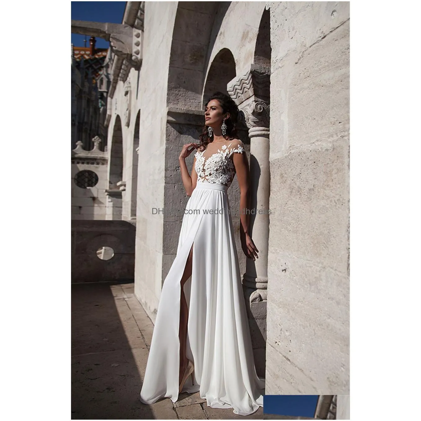 see through applique white lace bodice short sleeves a-line wedding dress sexy front slit bridal dress vestido de casamento