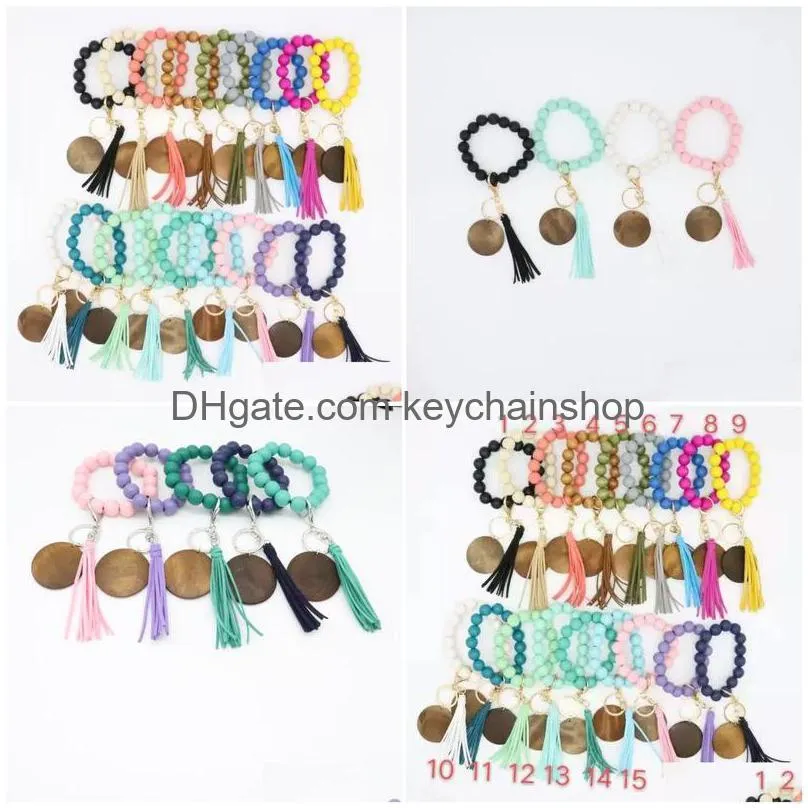 Party Cross-Border Beaded Wooden Bead Keychain Fashion Personality Disc Tassel Bracelet Key Ring Female Wholesale Drop Delivery Dhhae