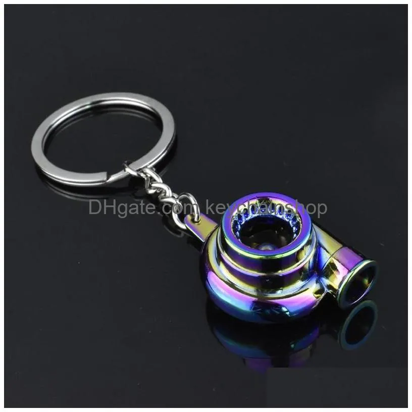 New Metal Turbo Keychain Sleeve Bearing Spinning Part Model Turbine Turbocharger Key Chain Ring 7 Colors Drop Delivery Dhcok