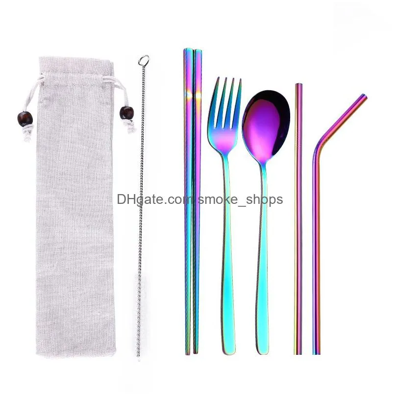 colour 304 stainless steel straw spoon chopsticks straw combination creative titanium plating portable tableware 7 sets w9595