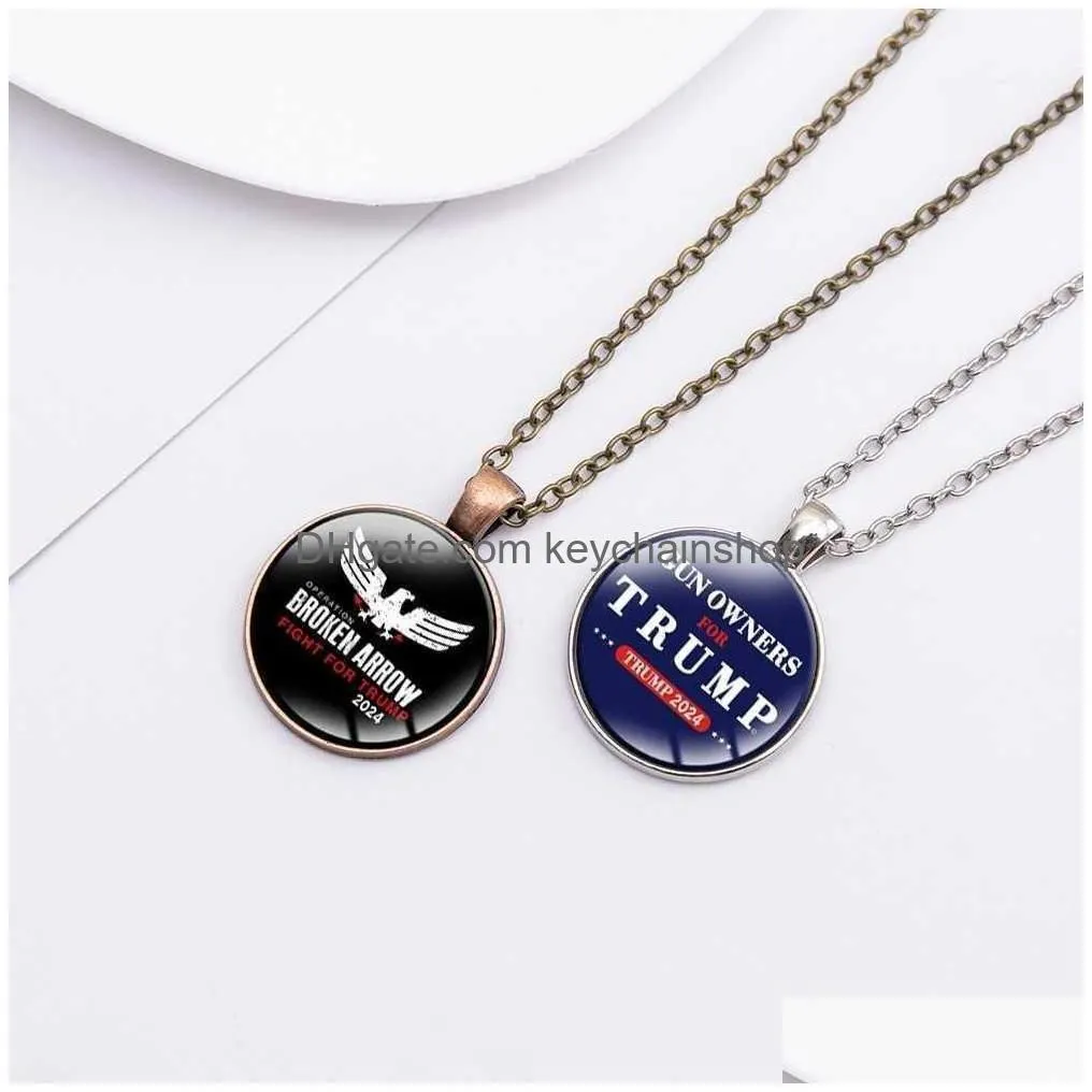 Ups 75Pcs/ Donald Trump Necklace Us President Election Accesseries Stainless Steel Tag Ill Be Back Keyring Keychain Flag  Maga Sl Dh6Mp