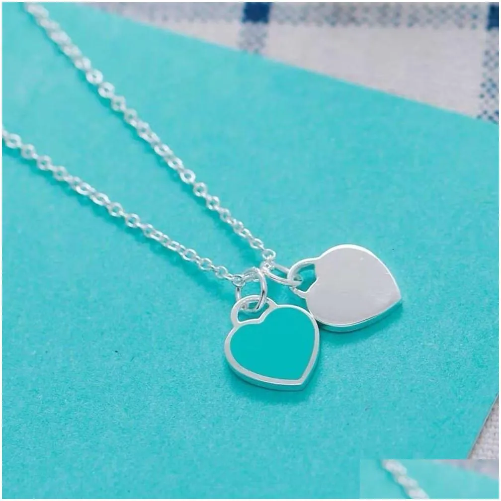 Pendant Necklaces Ly High Edition Enamel Double Heart Necklace 925 Sterling Sier Love Blue Pink Red Shaped Collar Chain Light Luxury P Otpyl