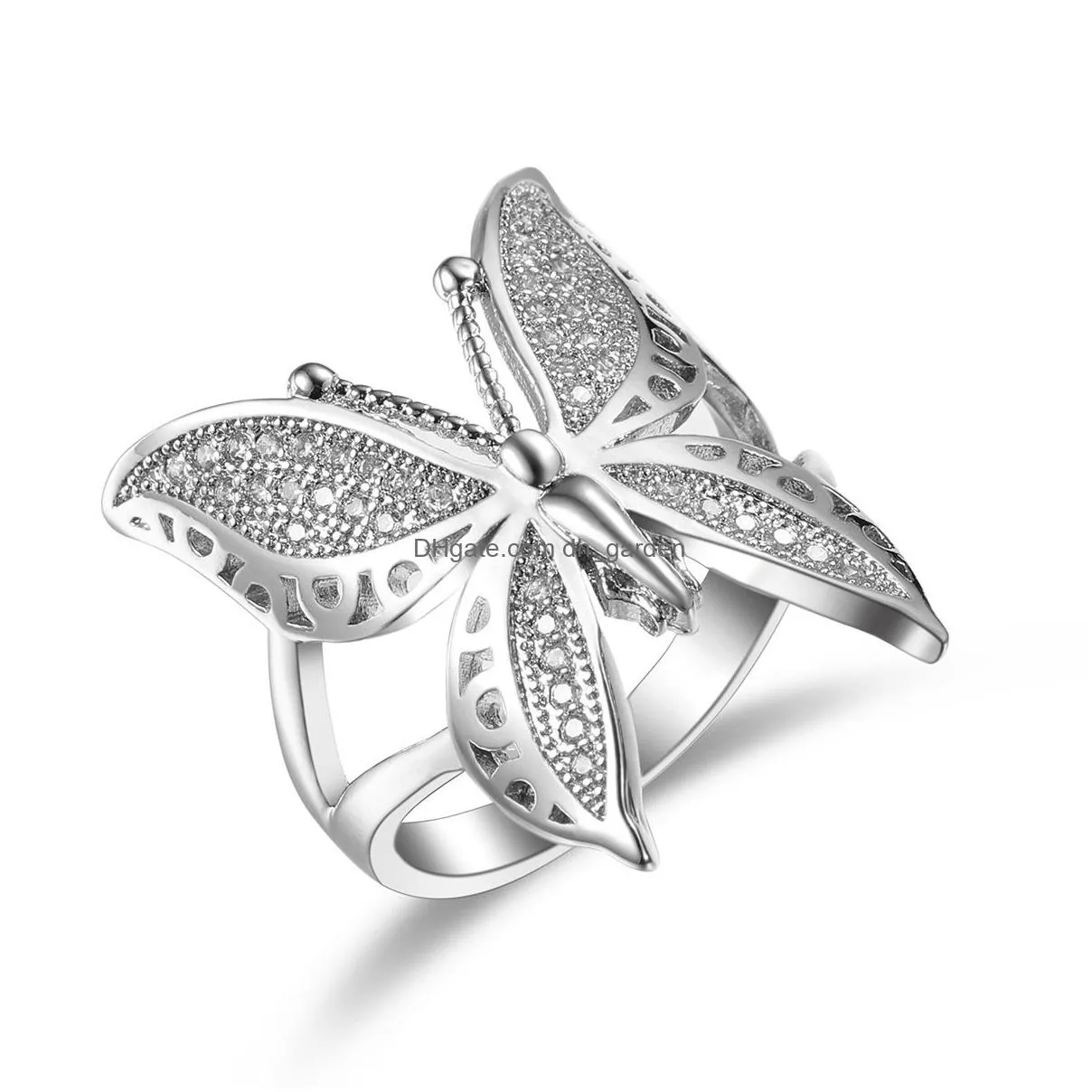 Cute Female Big Butterfly Zircon Stone Open Ring Simple Wedding Rings 925 Sterling Sier Love Engagement Drop Delivery Dhgarden Otvm6