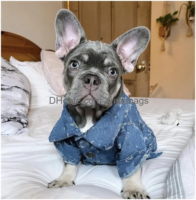 designer dog clothes luxury dog jean jacket with classic letters old flower pattern blue puppy denim coat comfort and cool apparel for french bulldog xxl