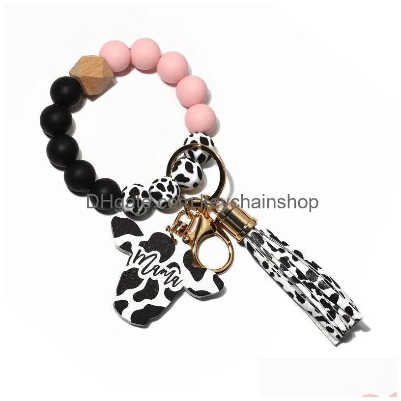 Party Sile Cursive Cow Bead Bracelet Wood Disk Keychain Tassel Ox Head Wrist Key Ring Charm Pendant Accessory Fy3450 Drop Delivery Dhah2