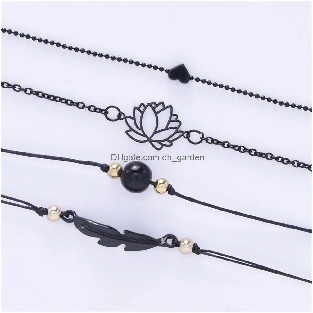 Sumeng 2021 New Fashion 4Pcs Gothic Black Feather Lotus Bracelets Set Heart Charm Boho Bangles For Women Drop Delivery Dhgarden Otf2U