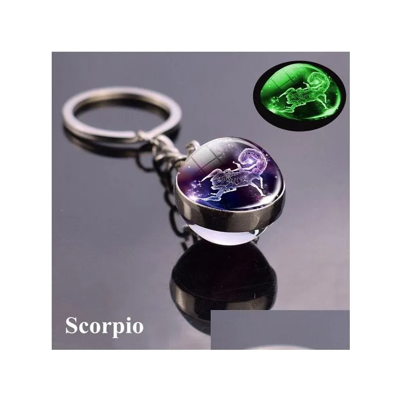 12 constellation luminous keychains glass ball pendant zodiac keychain glow in the dark key chain holder men women birthday gift