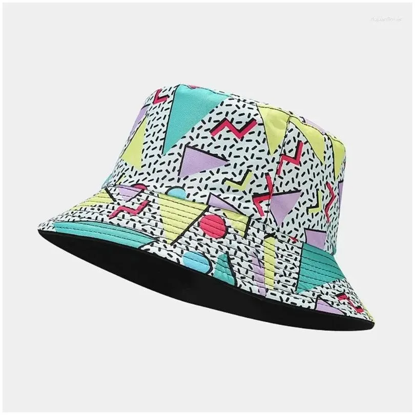 Berets Berets 80S 90S Bucket Hat Geometric Double Side Cloche Fisherman Sunhat Summer Drop Delivery Fashion Accessories Hats, Scarves Otdbp