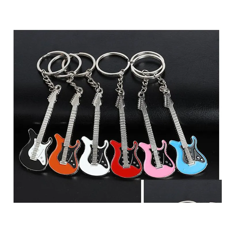 new fashion guitar keychains metal 6 colour keychain cute musical car key ring silver color pendant for man women party gift