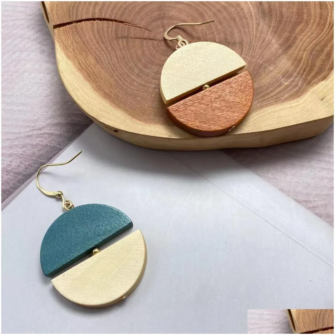korean personality semi-circular wood stitching contrasting color dangle earrings for women temperament round earring female jewelry