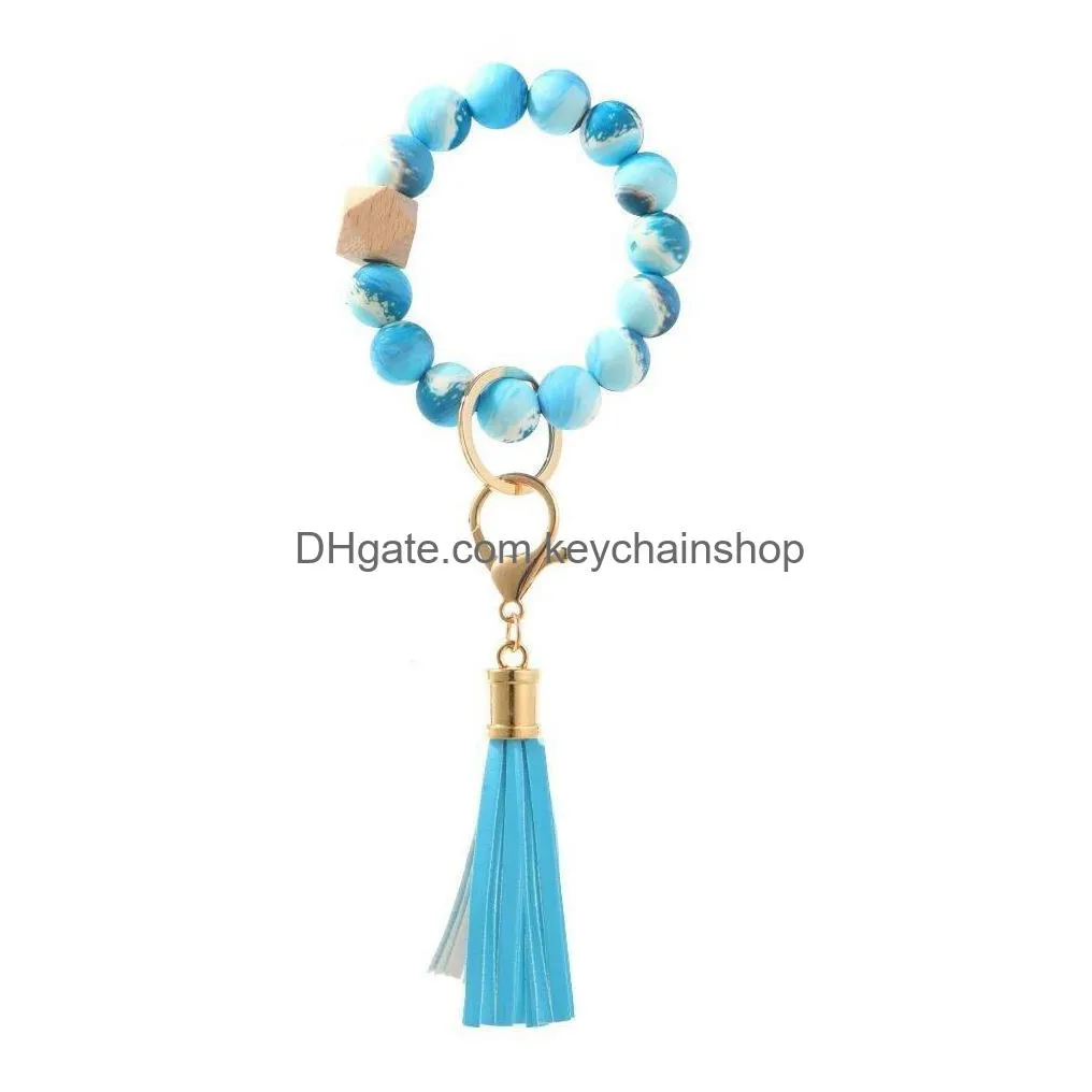 New Sile Beads Keychain Tassel Bracelet Favor Wood Beaded Key Ring Handbag Charms Women Jewelry Wristring Gift Drop Delivery Dhkjx