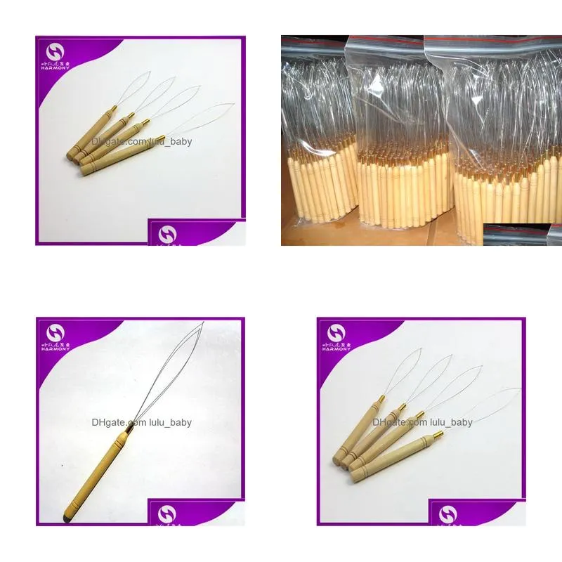  100 pcs loop pulling needle micro hair extensions tools for wooden handle threader