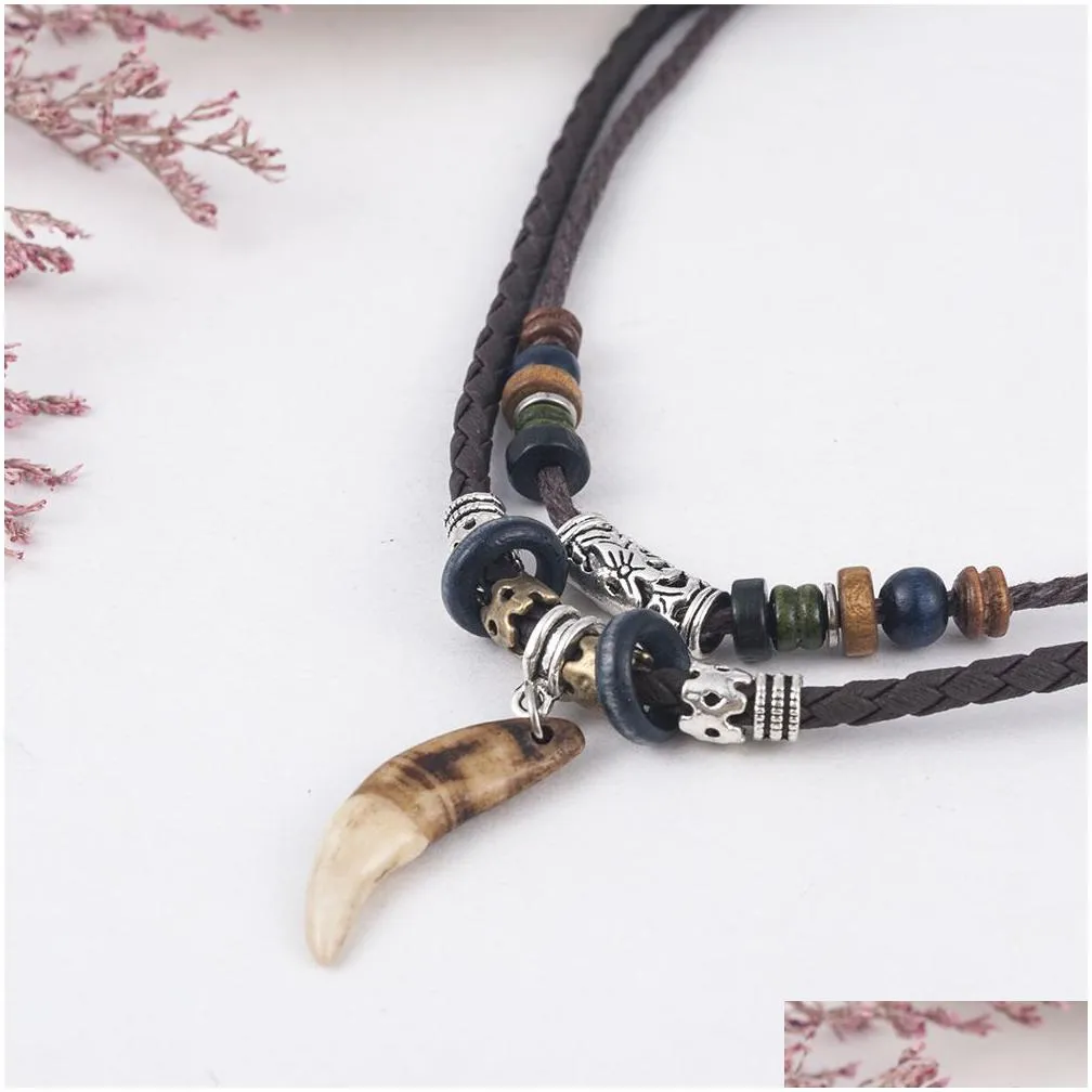 1pc men`s bohemia tooth pendant leather beaded weaved necklaces christmas gift jewelry statement necklace