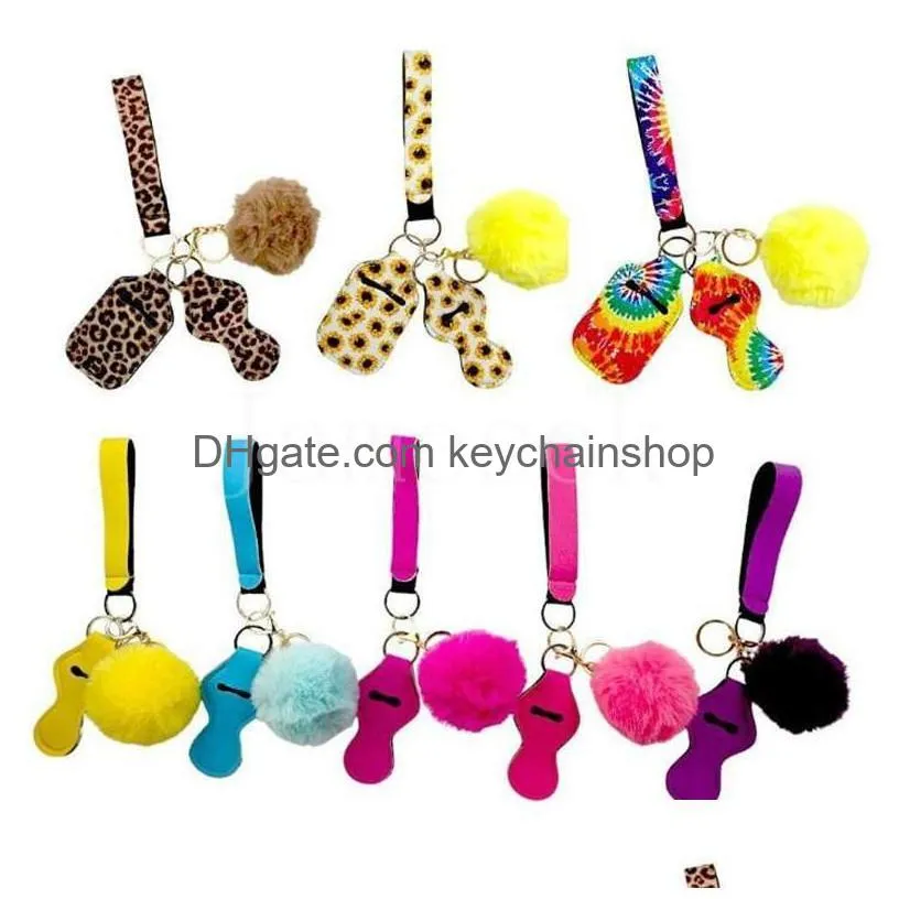 11 Colors 5Pcs Defense Keychain Set Pompom Hand Sanitizer Wrist Strap Lipstick Keychains Sier Keyring For Woman Men Self-Defense Keyri Dhzim