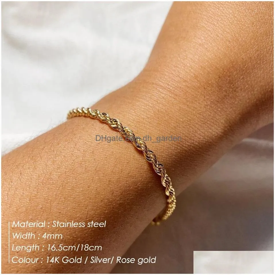 Twisted Rope Chian Bracelet For Woman Hip Hop Punk 4Mm Gold Color Stainless Steel Necklace Fashion Jewelry Drop Delivery Dhgarden Otlcl