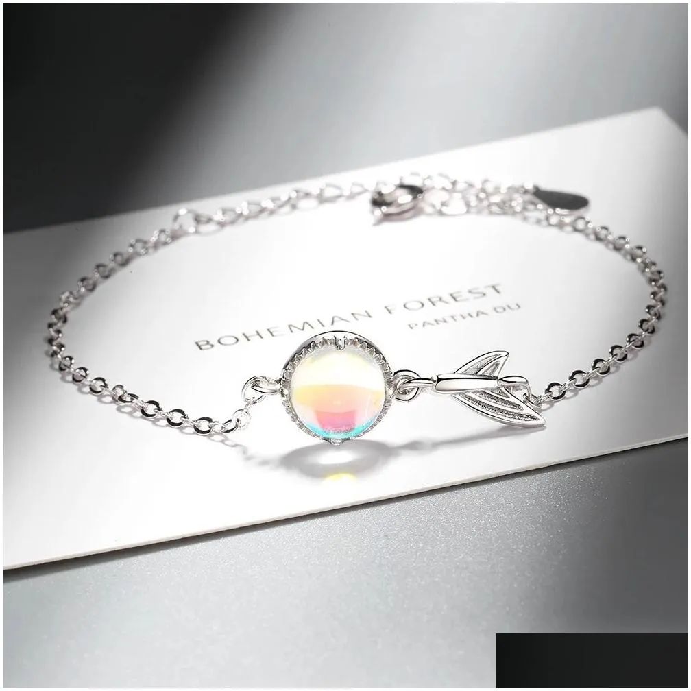 silver colorful moonstone charm bracelets for women fishtail chain bracelet fashion korea jewelry 2021 new