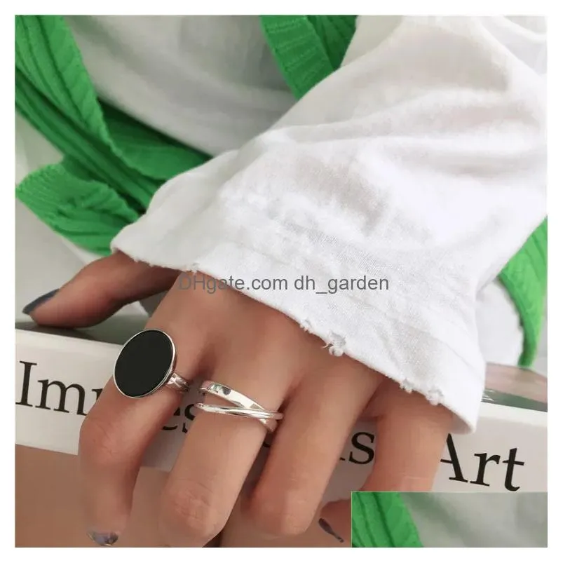 Simple Fashion Black Drop Glaze Oval Shaped Sier Color Open Ring For Women Party Jewelry Gifts S-R696 Drop Delivery Dhgarden Otw49