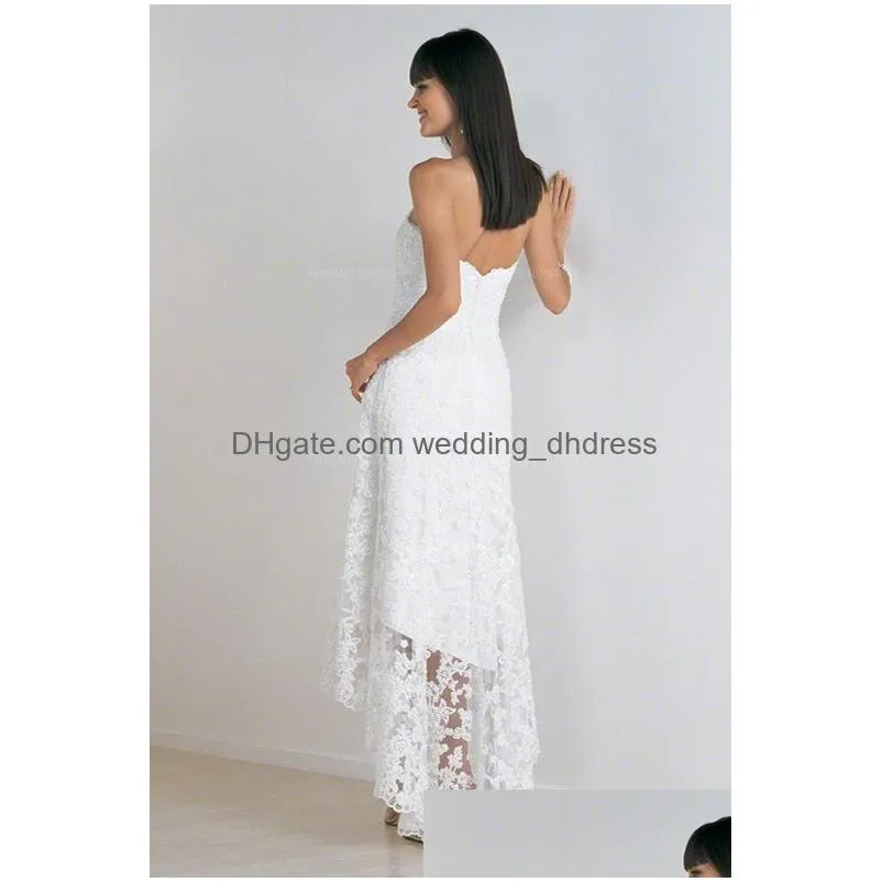 lace beach wedding dress sheath/column strapless high low asymmetrical backless zipper back vintage bridal gowns