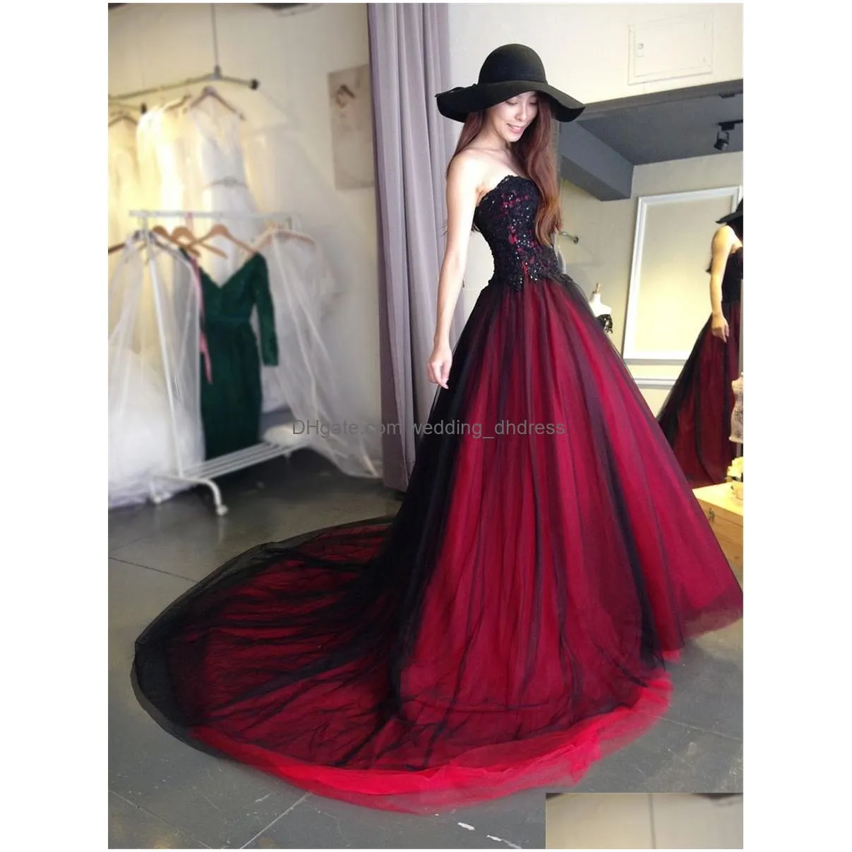 gothic wedding dress with color sweetheart lace up back floor length long black burgundy robe de soiree vestido longo de festa