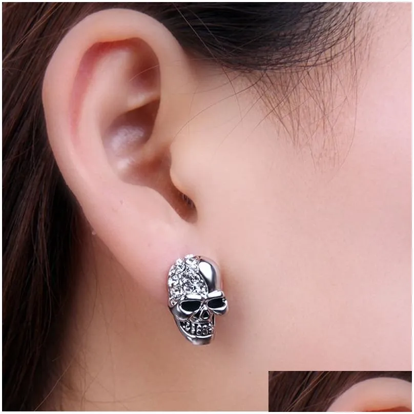 cool earrings punk fashion rose gold silver tone crystal diamond skull pierced ear stud earrings vintage jewelry halloween gifts