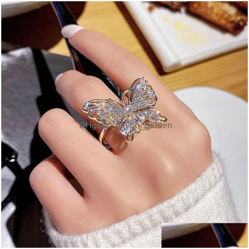 Fashion Jewelry Opening High-Grade Copper Inlaid Zircon Butterfly Ring Luxury Shiny Cocktail Party For Drop Delivery Dhgarden Otzfw