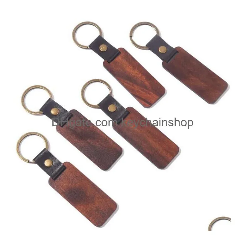 Custom Logo Personalized Leather Keychain Pendant Beech Wood Carving Keychains Lage Decoration Key Ring Diy Thanksgiving Day Gift Drop Dhdsz