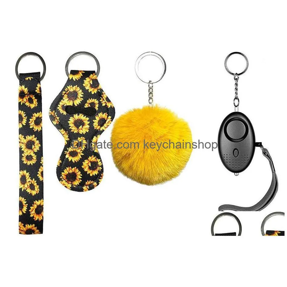 7 Colors Fashion Defense Keychains Set Pompom Alarm Keychain Lipstick Holder And Wristband For Woman Men Self-Defense Keyring Fwe Drop Dhnzb