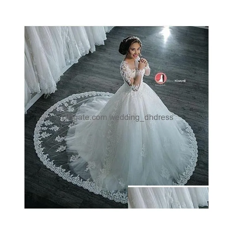 2022 a line wedding dresses fashion dubai elegant long sleeves sheer crew neck lace appliques beaded vestios de novia bridal gowns with buttons ba4150