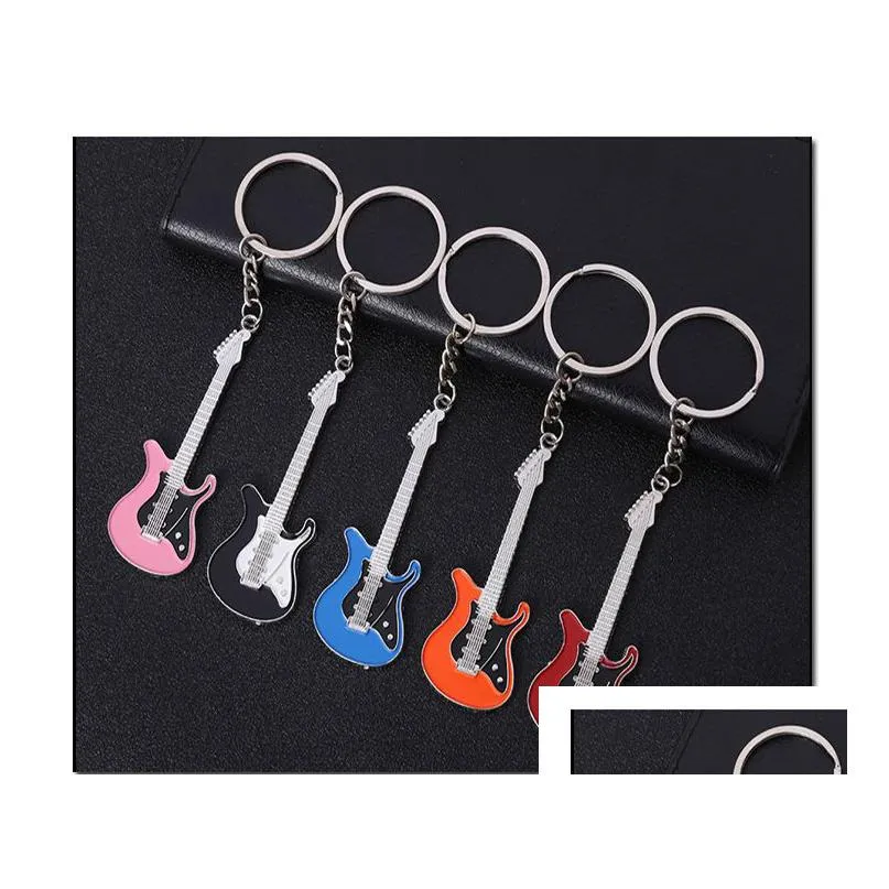 new fashion guitar keychains metal 6 colour keychain cute musical car key ring silver color pendant for man women party gift