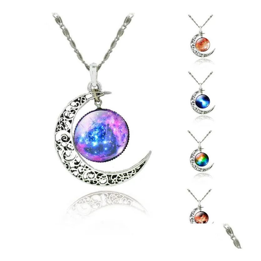 brand fashion jewelry choker necklace glass universe galaxy lovely pendant 925 silver chain moon sliver pendant necklace 12 style