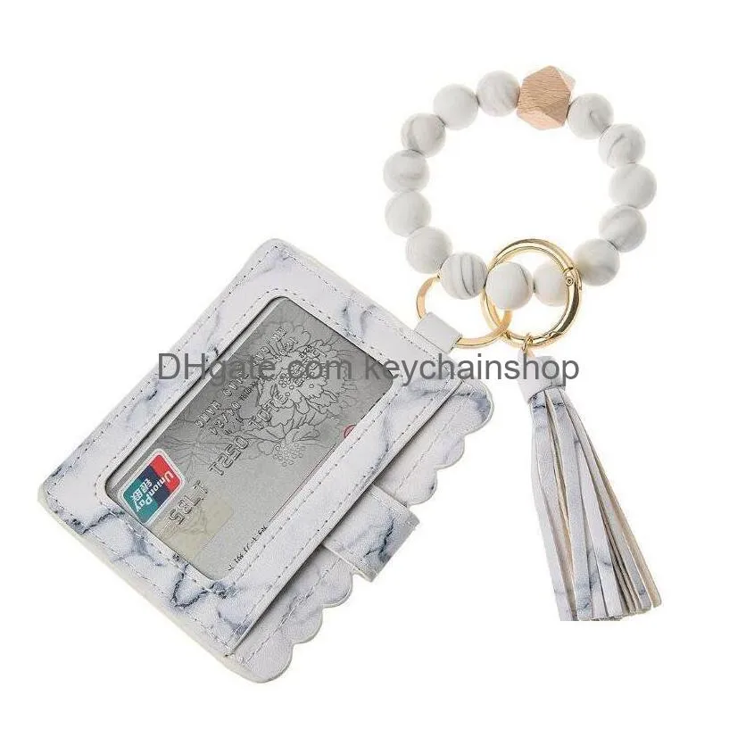 Us Stock Pu Leather Bracelet Wallet Keychain Party Favor Tassels Bangle Key Ring Holder Card Bag Sile Beaded Wristlet Keychains Drop D Dhdlv