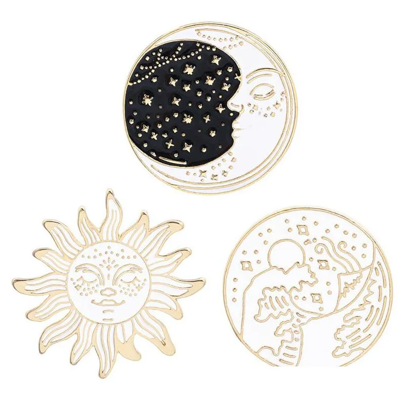 cartoon waves brooch vintage sun and moon round enamel pins adventure explore camping badges for women shirts lapel pin jewelry