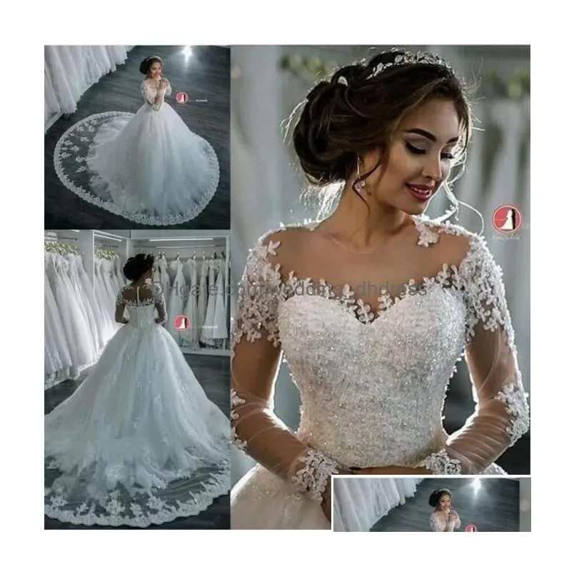 2022 a line wedding dresses fashion dubai elegant long sleeves sheer crew neck lace appliques beaded vestios de novia bridal gowns with buttons ba4150