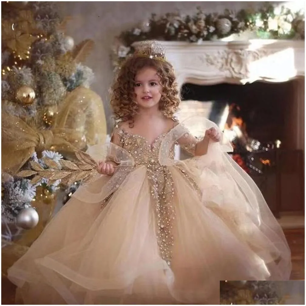 Flower Girls` Dresses Champagne Pearls Flower Girl Dresses For Wedding Luxury Gold Embroidery Ball Gown Appliqued Pageant Birthday Gow Otnfg