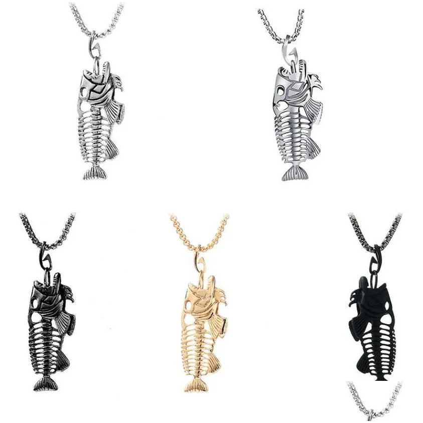 fish bone & fishing hook pendant necklaces punk style men link chain 4 colors personality jewelry fashion free shipping gift