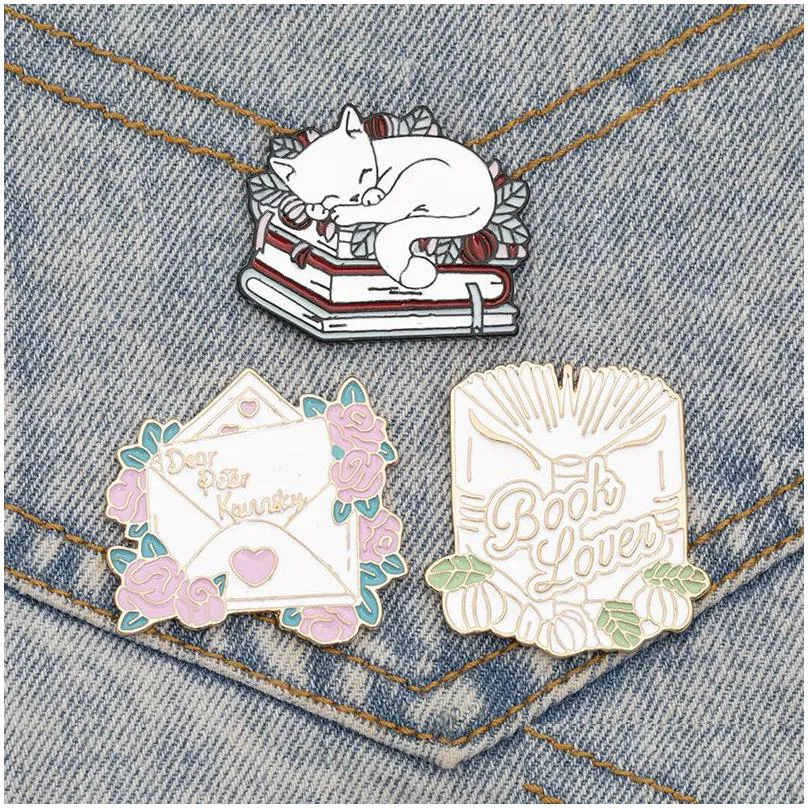 cat reading books enamel pin cartoon sleeping kitten brooches cute book lover animals badge bag clothes lapel pins jewelry gifts