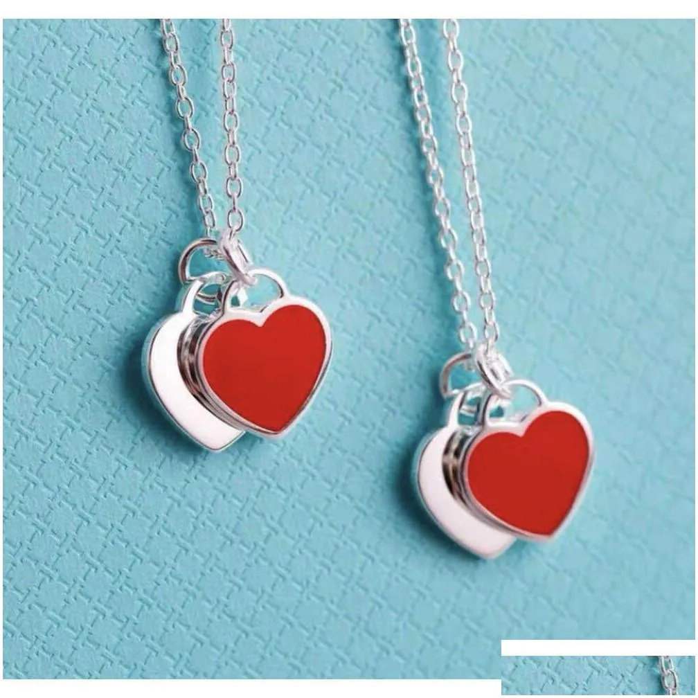 Pendant Necklaces Ly High Edition Enamel Double Heart Necklace 925 Sterling Sier Love Blue Pink Red Shaped Collar Chain Light Luxury P Otpyl