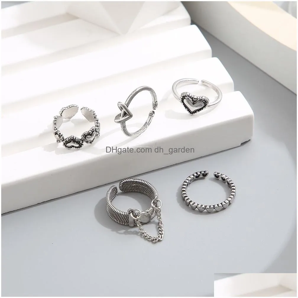 Punk Love Heart Ring Set 5Pcs Personality Temperament Zircon Sier Color Geometric Rings For Women Fashion Goth Jewelry Drop D Dhgarden Otkuw