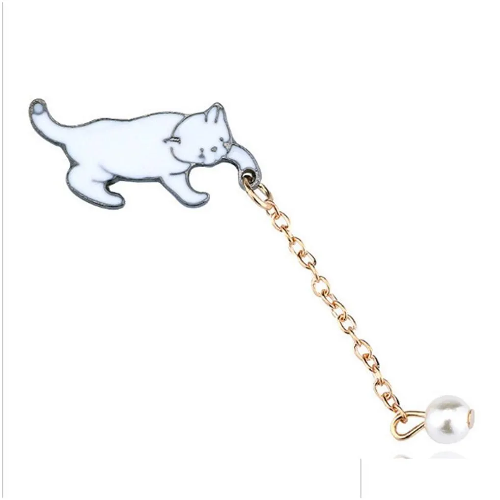 cute simple white cat pearl pendant brooch pin enamel paint long chain brooches for women girl animal design fashion jewelry