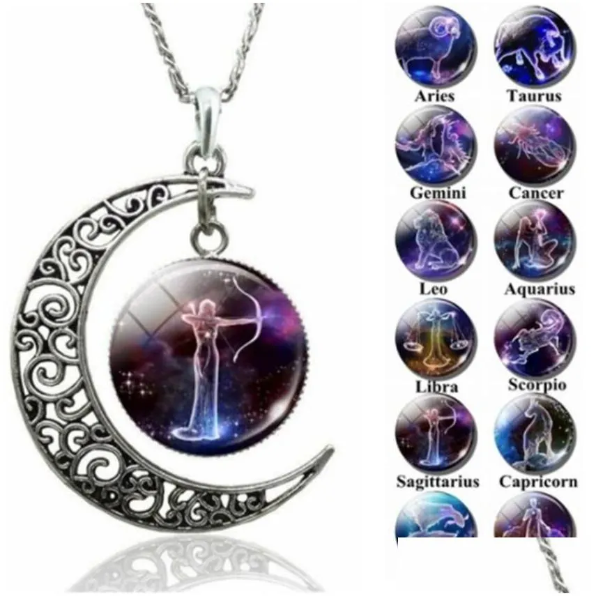 men`s women`s 12 horoscope zodiac sign time gemstone pendant necklace aries leo wholesale dropshipping 12 constellations jewelry dhl