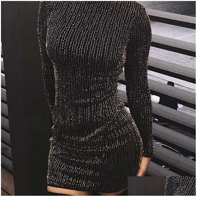  women sequined long sleeve tassel bodycon party club turtleneck skinny casual sexy club dress 210316