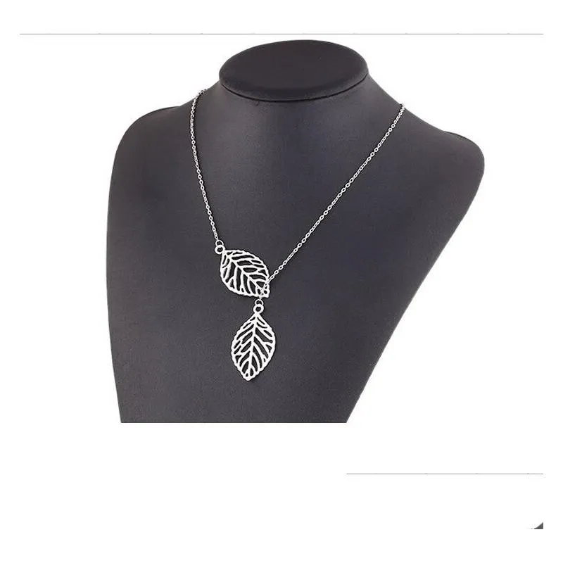 simple european new fashion vintage punk gold hollow two leaf leaves pendant necklace clavicle chain charm jewelry women free shipping