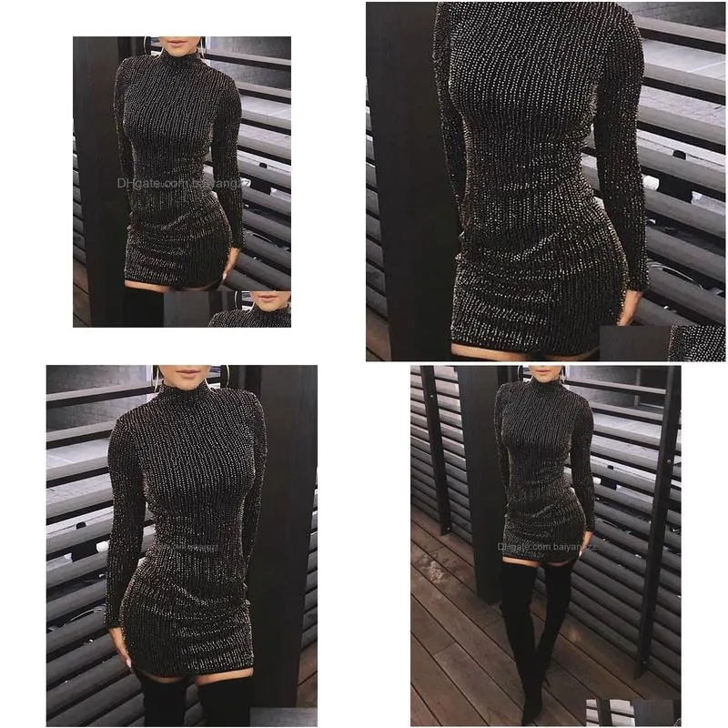  women sequined long sleeve tassel bodycon party club turtleneck skinny casual sexy club dress 210316