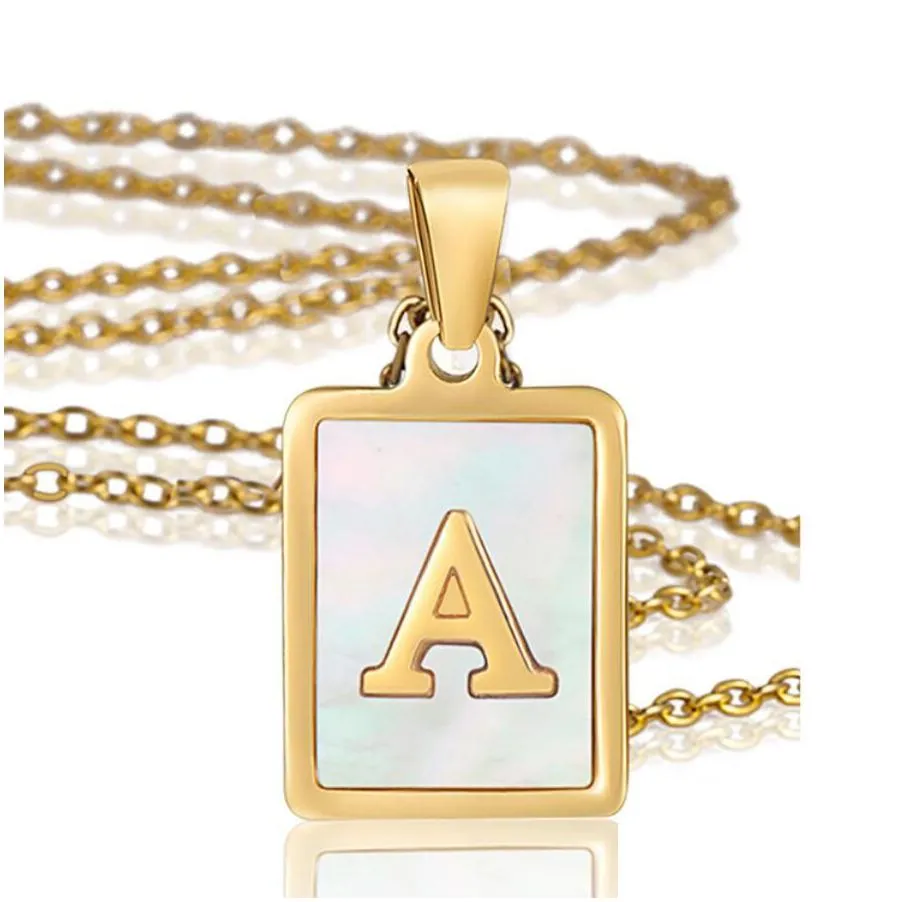 a-z alphabet square initial necklaces natural shell letter necklaces for women fashion minimalist stainless steel jewelry