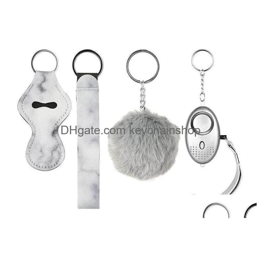 7 Colors Fashion Defense Keychains Set Pompom Alarm Keychain Lipstick Holder And Wristband For Woman Men Self-Defense Keyring Fwe Drop Dhnzb