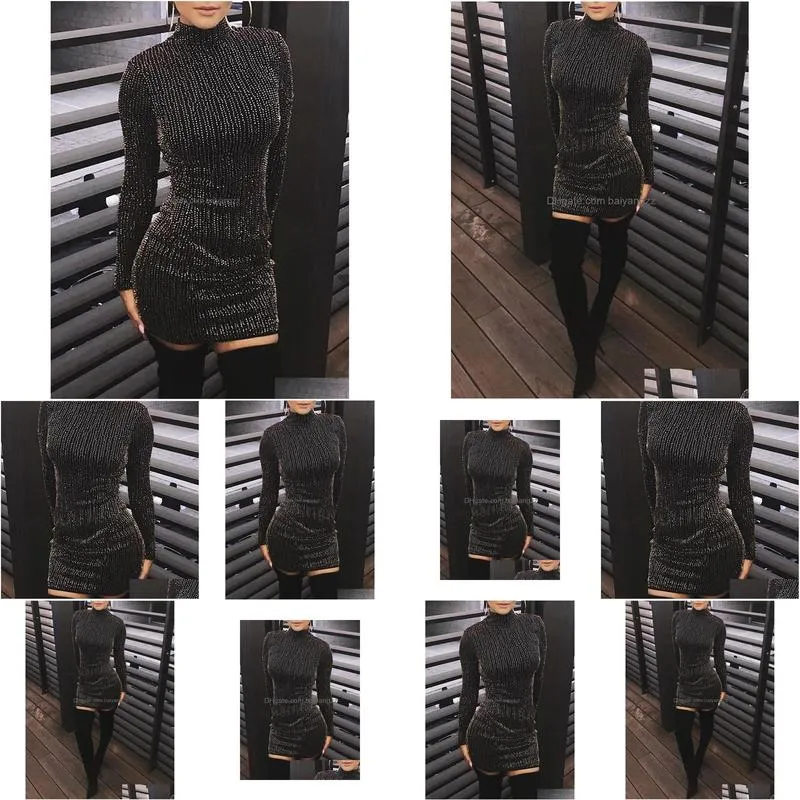  women sequined long sleeve tassel bodycon party club turtleneck skinny casual sexy club dress 210316