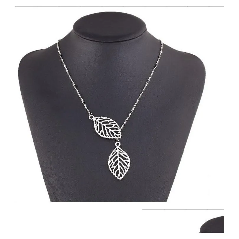 simple european new fashion vintage punk gold hollow two leaf leaves pendant necklace clavicle chain charm jewelry women free shipping