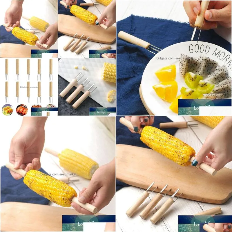 1 pcs corn holders stainless steel corn on the cob holders fruit forks with wood handle for home cooking and bbq prong factory price expert design quality latest
