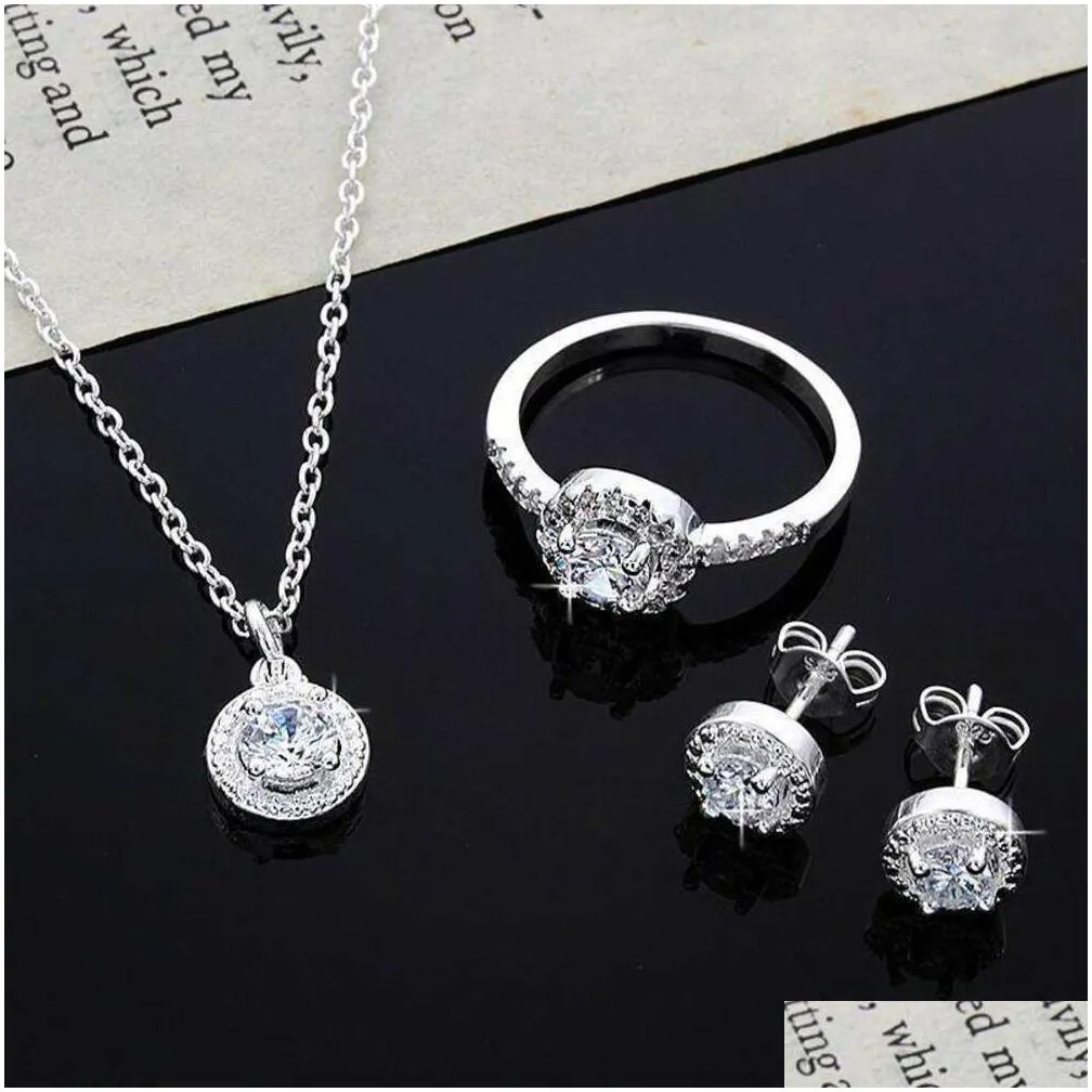 Other Christmas Gift High Quality Store New Womens - Noble Sier Plated Crystal Necklace Earring Ring Set Jewelry Drop Delivery Jewelry Otz3T